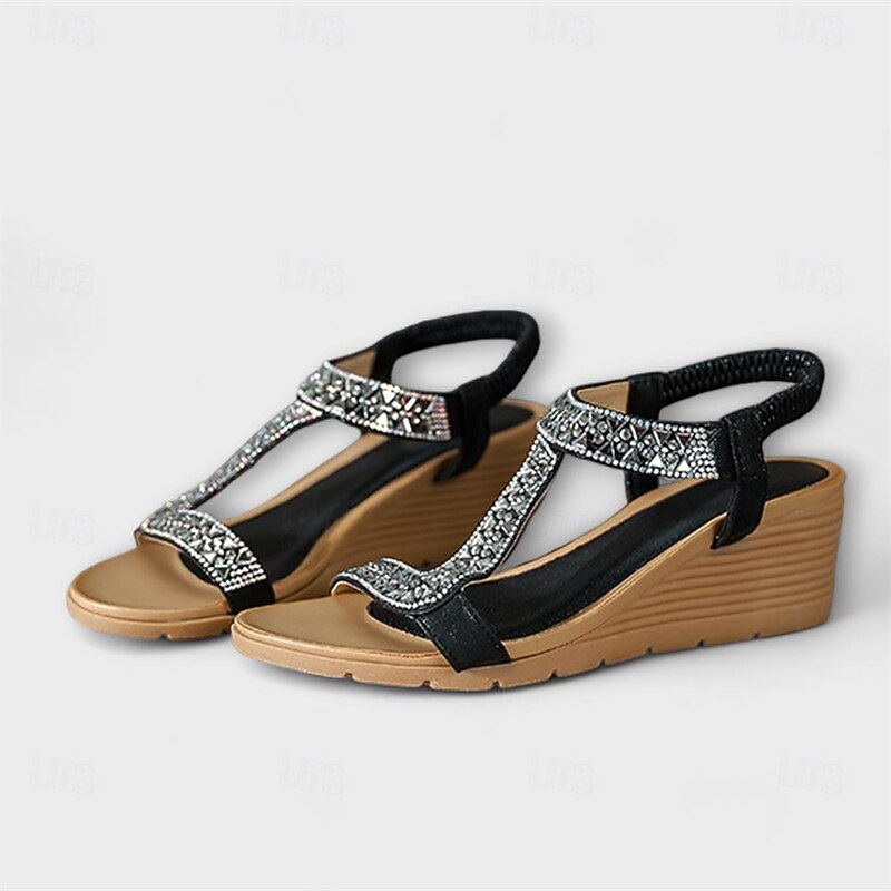 Women's Bohemian Rhinestone Wedge Sandals – Glamorous Beaded Elastic Strap Sandals for Summer Beach & Casual Wear3