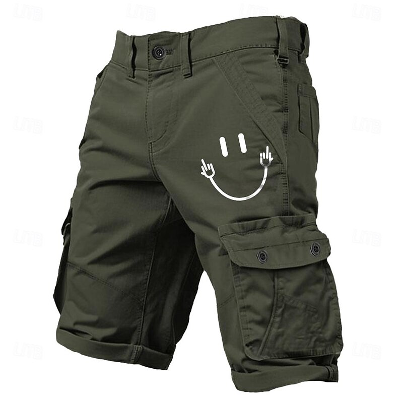 Men's Cargo Shorts Multiple Pockets Graphic Smile Printed Outdoor Short Sports Classic Micro-elastic Shorts