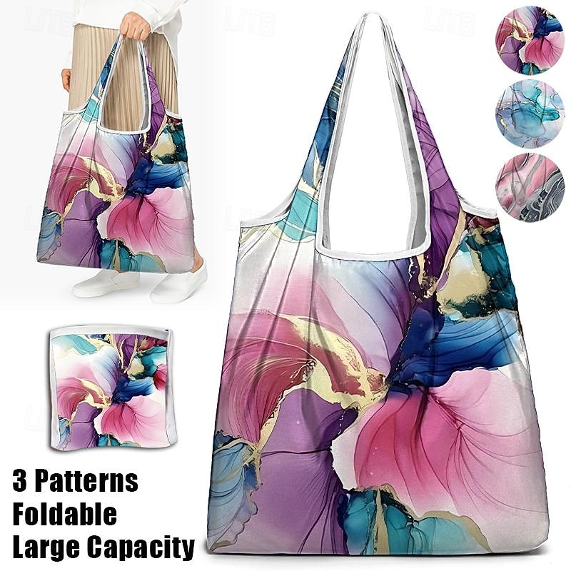 Women's Large Abstract Floral Print Tote Bag – Reusable Foldable Shopping Bag with Artistic Design for Everyday Use