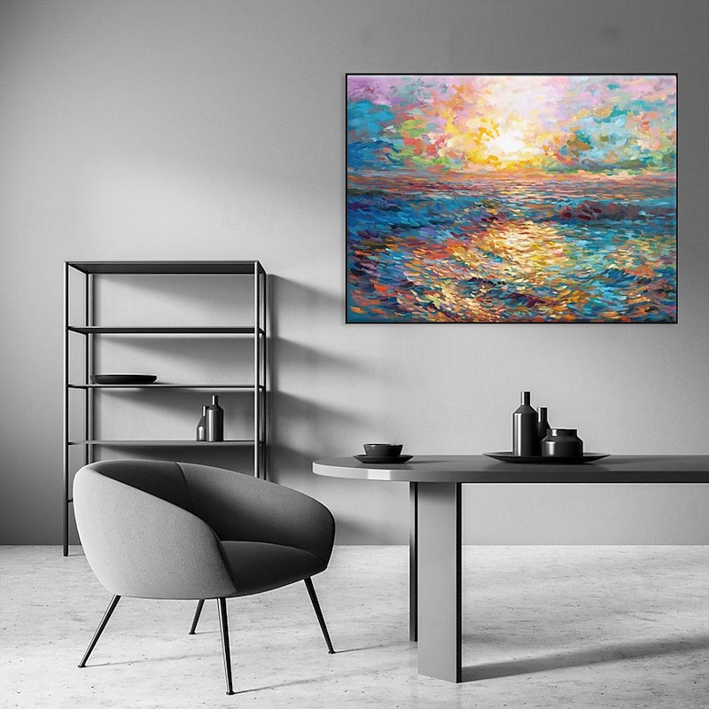 Handmade Oil Painting Canvas Wall Art Decoration Contemporary Impression Golden Sunrise Over the Sea Landscape for Home Decor Rolled Frameless Unstretched Painting2