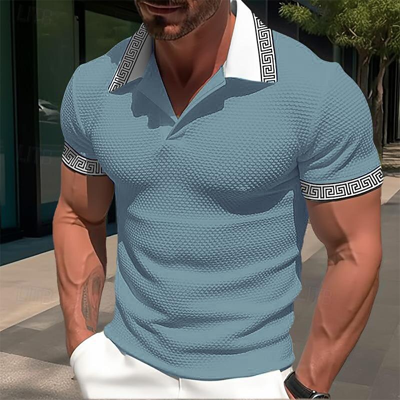 Men's Waffle Polo Shirts Business Polo Work Casual Lapel Ribbed Polo Collar Short Sleeve Modern Old Money Style Color Block Patchwork Pocket Spring & Summer Regular Fit Light Yellow Dark red Black 12
