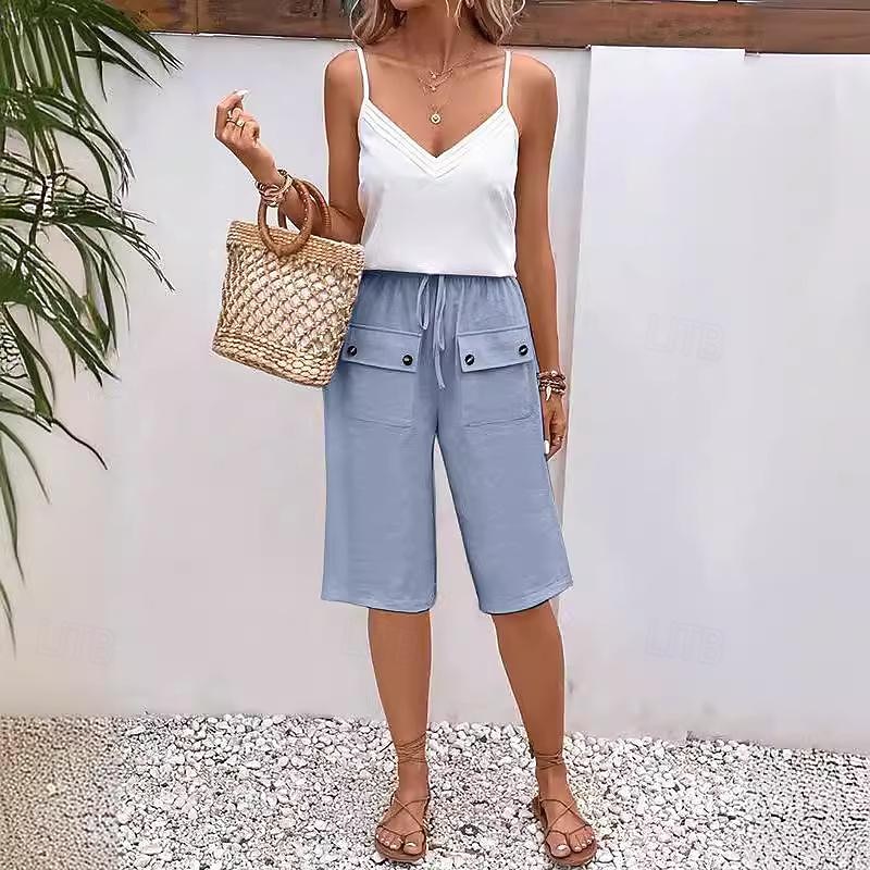 Women's Cotton Linen Shorts Shorts Casual Daily Knee Length Plain Pocket Drawstring Breathability Comfortable Inelastic Weekend Black Navy Blue Blue Beige Summer Regular Fit2