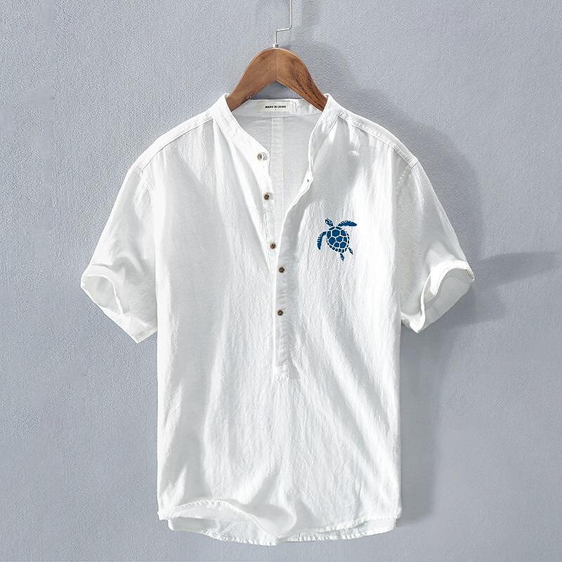 Men's Shirt Linen Shirt Chinese Collar Shirt Mandarin Collar Shirt Casual Shirt Cotton Shirt Turtle Vacation Street Navy Blue Gray Short Sleeve Band Collar Summer Clothing Apparel2