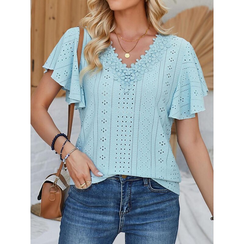 Women's White Elegant Lace Tops Eyelet Blouse Short Sleeve Flutter Sleeve Crew Neck Lace Form Fit Romantic Petite Tops Summer Holiday Wear Black White Pink Blue Summer2