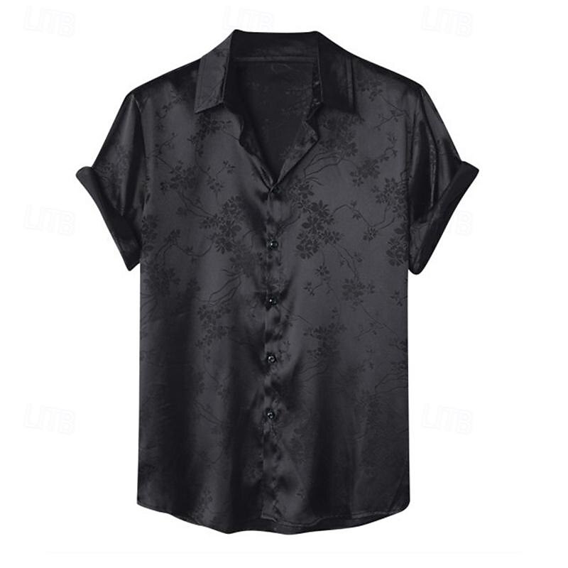 Men's Shirt Summer Shirt Casual Shirt Beach Shirt Button Up Shirt Satin Silk Shirt Black Wine Dark Blue Apricot Short Sleeve Floral Lapel Vacation Hawaiian Clothing Apparel Polyester Fashion Casual2