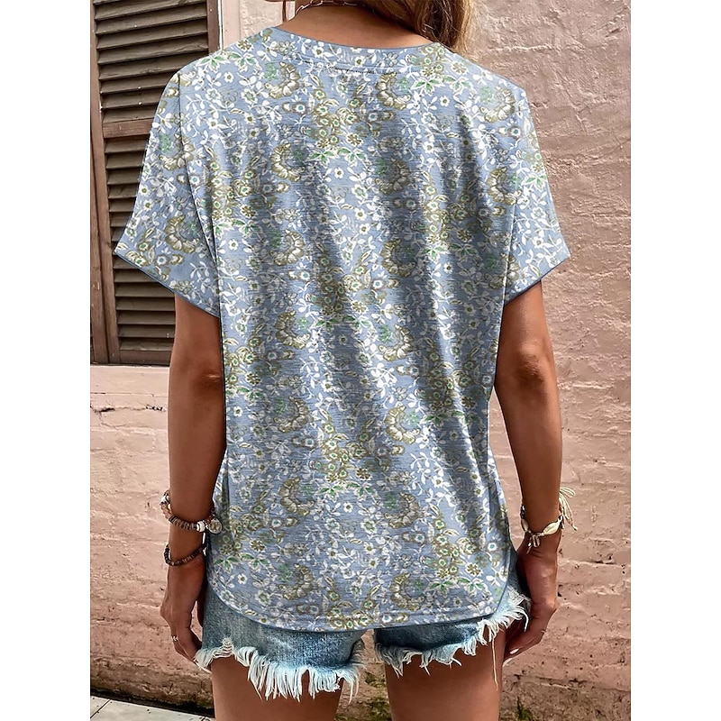 Women's Tunic T Shirt Graphic Vintage Short Sleeve V Neck Regular Tops Daily Print Pink Blue Green Summer2