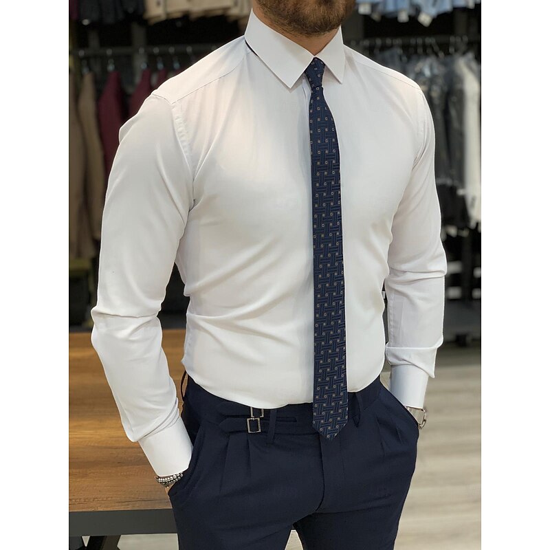 Men's Dress Shirt Homecoming Standard Fit Long Sleeve Lapel Solid Color Polyester Black White 2025