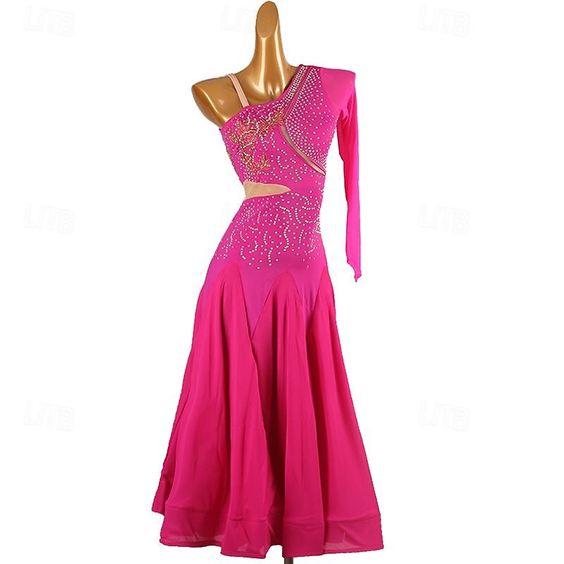 Ballroom Dance Dress Rhinestone Women's Performance Training Long Sleeve High Chiffon Chinlon Tulle2