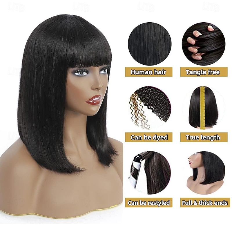 Remy Human Hair Wig Short Straight Silky Straight Bob Short Bob Neat Bang With Bangs Natural Color Soft Easy dressing Best Quality Machine Made Brazilian Hair Women's Black 10 inch 12 inch 14 inch4