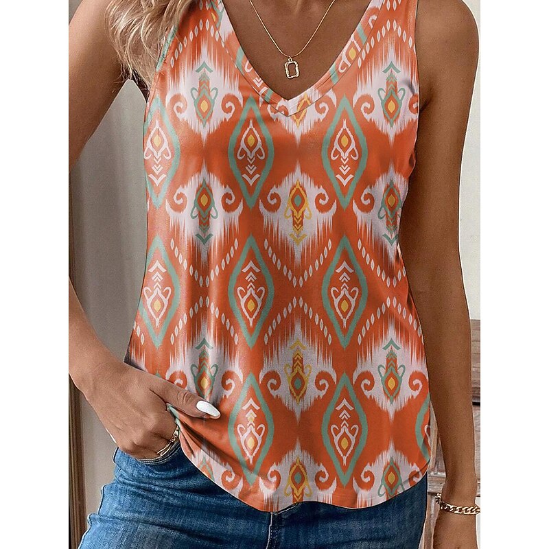 Women's Camisole Tank Top Vest Vintage Ethnic Boho Geometric Print Sleeveless Regular Tops V Neck Vacation Orange Summer3