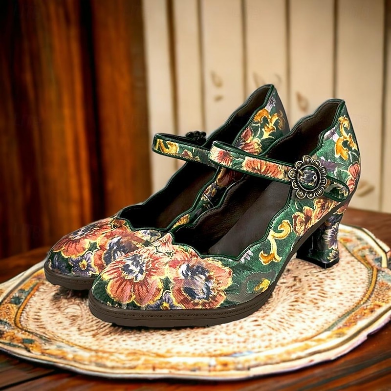 Women's Heels Pumps Ladies Shoes Valentines Gifts Mary Jane Vintage Gatsby Shoes Party Valentine's Day Round Toe Green2