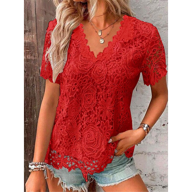 Women's Lace Blouse V-Neck Floral Short Sleeve White Elegant Romantic Semi-Translucent Breathable Top Spring Summer Casual Event Fashion Clothing Apparel3
