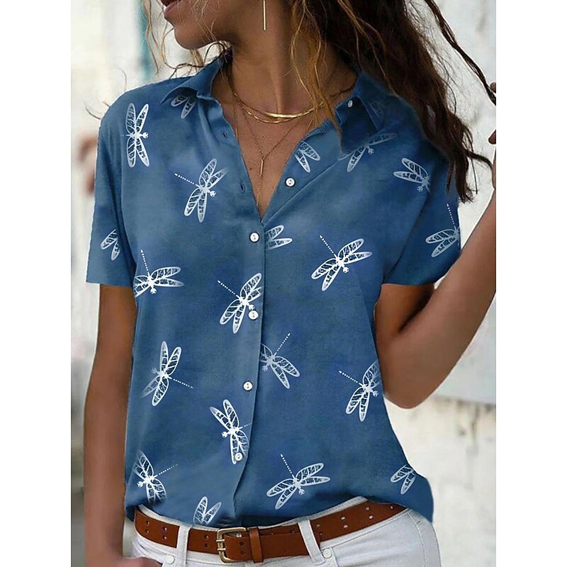 Women's Casual Shirt Short Sleeve Dragonfly Print Lapel Collar Button-Up Dusty Pink Relaxed Fit Spring Summer Fashion Top Everyday Wear Sizes S-XL4