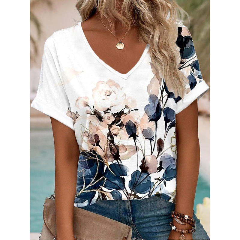 Women's T-shirt Floral Print V-Neck Short Sleeve Casual Top Blush Navy Multi-size Spring Summer Daily Wear Comfortable Blouse