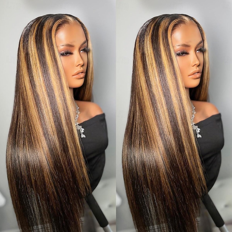 P4/27 Highlight Wigs Pre Plucked Highlight Ombre Lace Front Wig Human Hair Omber P4/27 Hair Wig with Natural Hairline 13X4 HD Transparent Straight Lace Frontal Wigs For Women Brazilian Remy Hair Wig3
