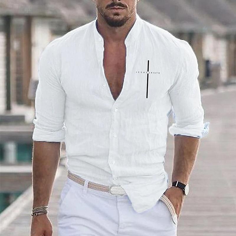 Men's Shirt Cotton Linen Shirt White Cotton Shirt Chinese Collar Shirt Mandarin Collar Shirt Casual Shirt Cross Vacation Hawaiian Black White Blue Long Sleeve Grandad Collar Spring &  Fall Clothing2