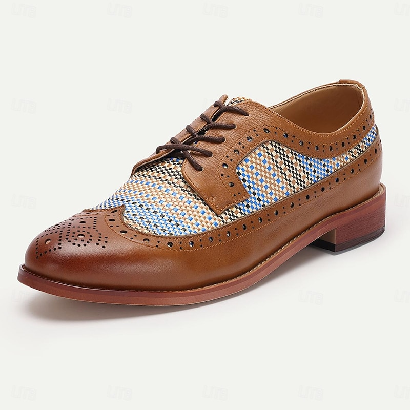 Men's Tan Faux Leather Brogue Oxfords with Blue Nylon Woven Insets - Business Casual Wear3