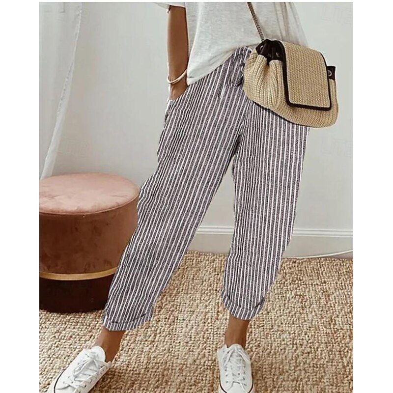 Women's Pants Trousers Casual Daily Ankle-Length Striped Drawstring Side Pockets Breathability Comfortable Inelastic Weekend Black Spring & Summer Regular Fit3