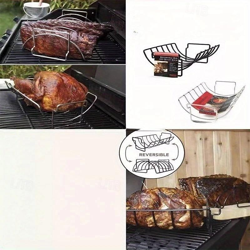 1pc Grill Bbq Rib Rack Holder Steak Barbecue Stand Roast Holder Toast Rack Fish Skewers Outdoor Barbecue Rack Picnic Rack Rib Stand Outdoor Bbq Stainless Steel Lamb Chops Beef Ribs4