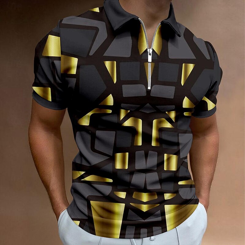 Men's Graphic Zip Polo Shirts Golf Shirt Short Sleeve Polo Shirts Collared Shirts Casual Vacation Wear Rave Wear Party Outfits 3D Print Quarter Zip Polo Summer Golden yellow Black Navy Blue