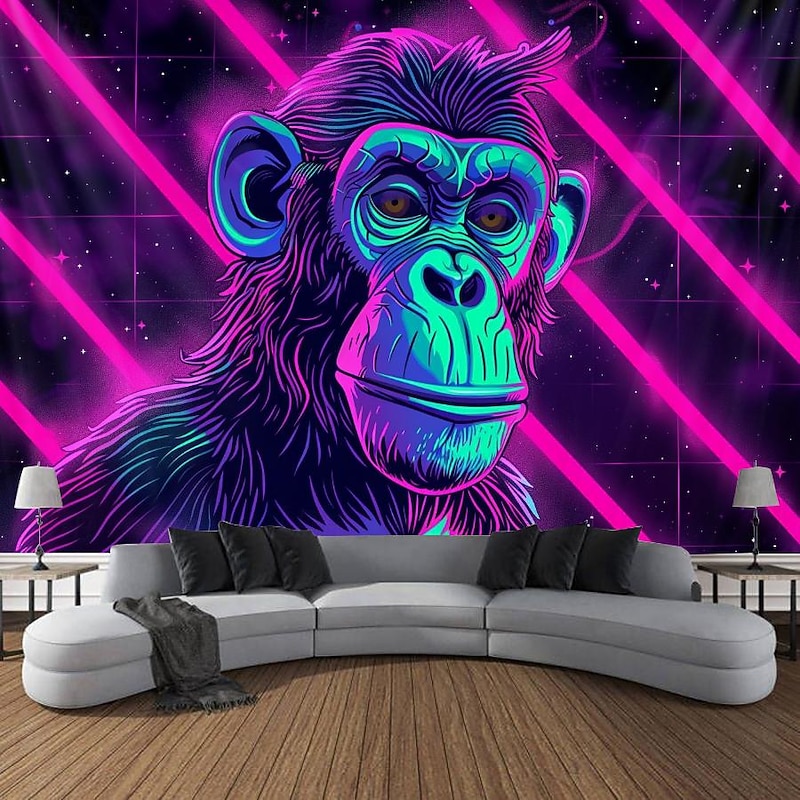 Blacklight Tapestry UV Reactive Glow in the Dark Glow Party Neon Chimpanzees Psychedelic Trippy Misty Hanging Tapestry Wall Art Mural for Living