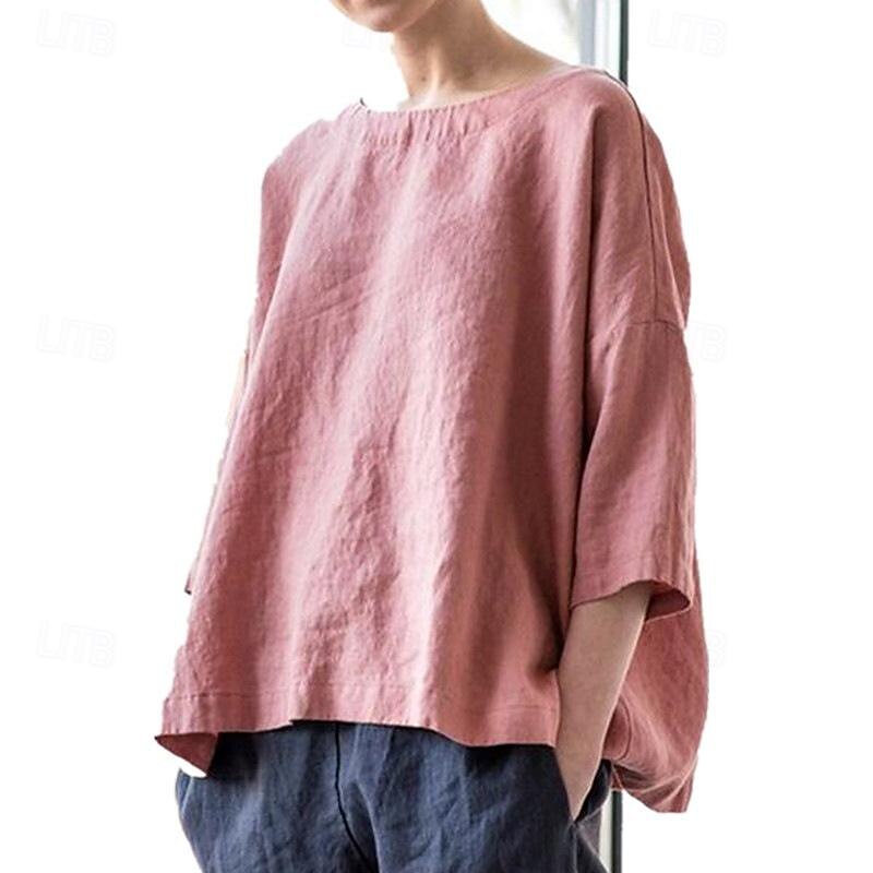Women's Shirt Linen-Inspired Shirts Blouse Plain Fashion Round Neck Street Daily Sexy Yellow Pink Blue Purple Green Summer4