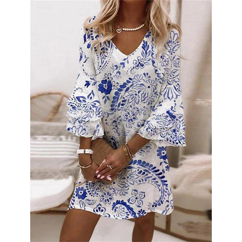 Women's Mini Dress Casual Dress Summer Dress Boho Dress Stylish Casual Vacation Daily Regular Fit Floral 3/4 Length Sleeve V Neck Yellow Pink Blue Light Blue Summer2