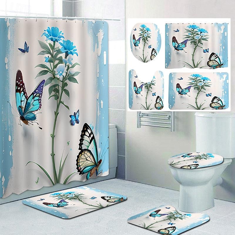 Butterfly Bathroom Deco 4 Pcs Shower Curtain Set 180cm*180cm(70"*70") Bathroom Sets Modern Home Bathroom Decor with Bath Mat U Shape and Toilet Lid Cover Mat 12 Hooks3