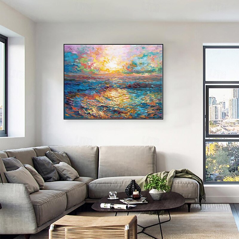 Handmade Oil Painting Canvas Wall Art Decoration Contemporary Impression Golden Sunrise Over the Sea Landscape for Home Decor Rolled Frameless Unstretched Painting4