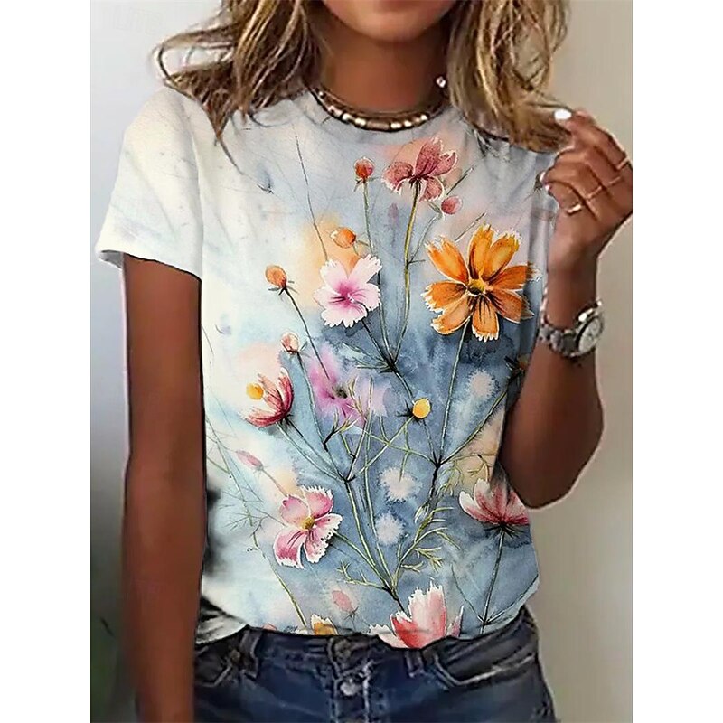 Women's T Shirt Floral Fashion Short Sleeve Round Neck Regular Tops Vacation Weekend Print Pink Blue Purple Summer2
