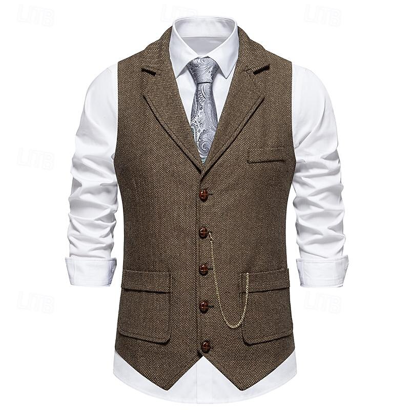Men's Vest Gilet Daily Wear Vacation Going out Vintage Fashion Spring &  Fall Button Polyester Comfortable Plain Single Breasted Lapel Regular Fit Dark Navy Dark Gray Coffee Vest4