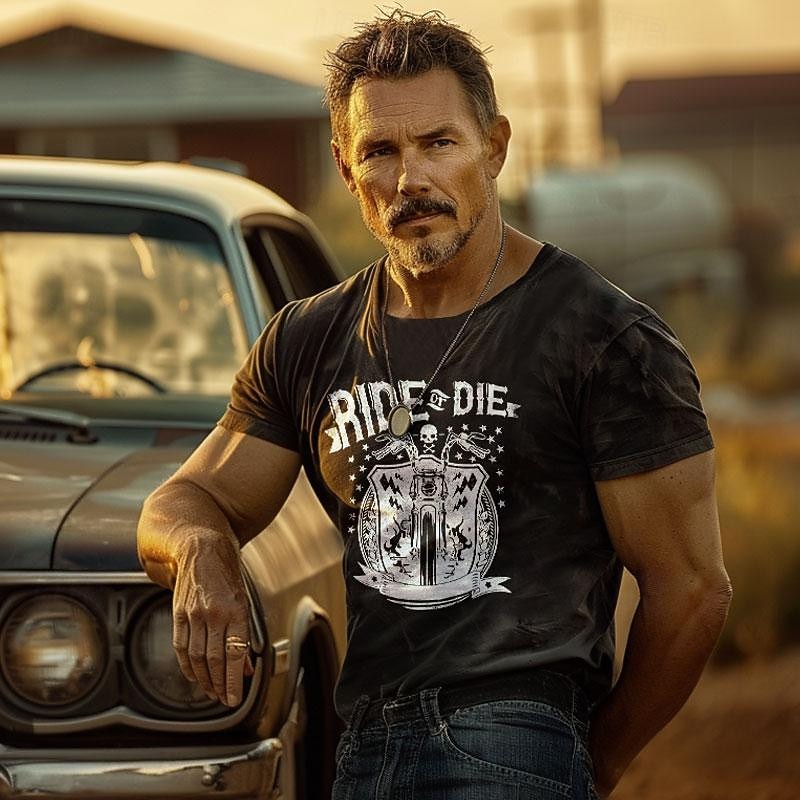 Men's Ride or Die Motorcycle Skull Short Sleeve Graphic T-Shirt