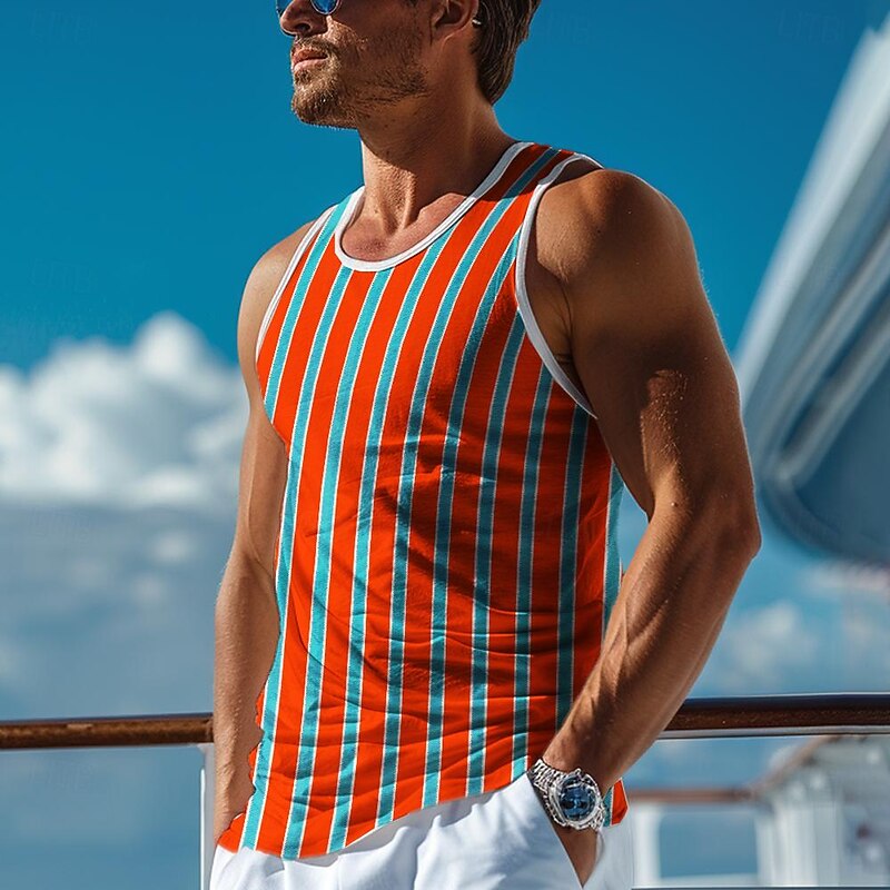 Men's Color Block Stripe Vest Top Sleeveless T shirt 3D Print Shirt Vacation Tropical Fashion Yellow Red Orange Summer Spring Clothing Apparel S M L XL XXL XXXL4