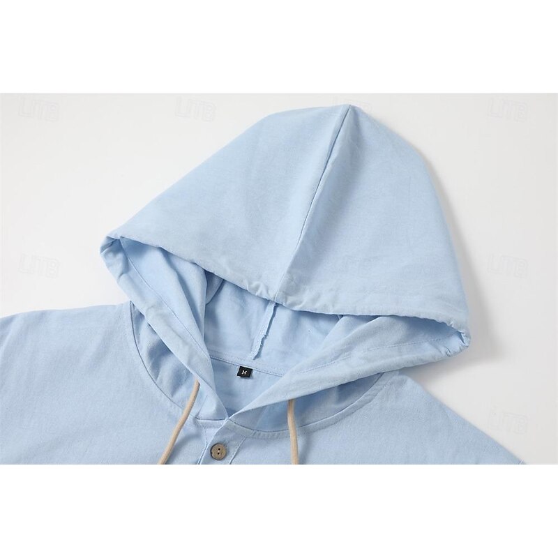 Men's Shirt Linen Shirt Summer Shirt Beach Wear Button Up Shirt Plain Vacation Curise Black White Blue Khaki Long Sleeve Hooded Spring & Summer Clothing Apparel3