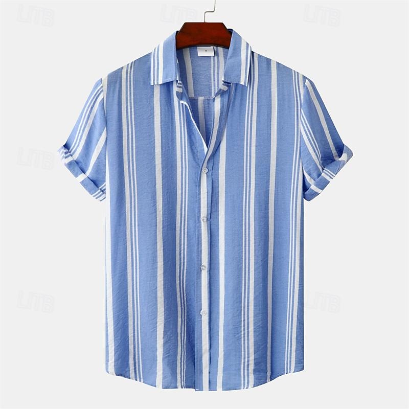 Men's Shirt Summer Shirt Casual Shirt Beach Shirt Button Up Shirt Striped Shirts Black Wine Navy Blue Sky Blue khaki Short Sleeve Stripes Lapel Vacation Hawaiian Clothing Apparel Cotton Fashion3