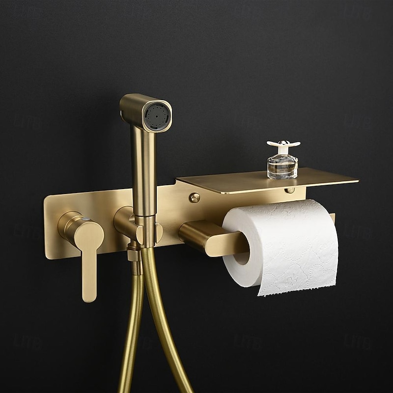 Brushed Grey Bidet Sprayer Concealed Button Brass Valve with Commodity Shelf Paper Holder Plastic Sprayer PVC Hose4