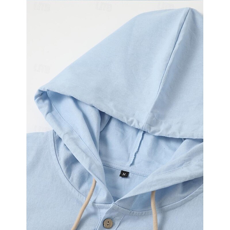 Men's Shirt Linen Shirt Plain Casual Daily Black White Blue Khaki Long Sleeve Hooded Spring & Summer Clothing Apparel Buttons3