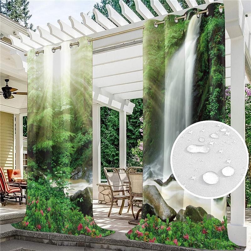 Outdoor Curtains for Patio Waterproof Blackout Outside Deck for Gazebo Pavilion Pergola Arbor Sun Room, 2 Panels, Waterfall River4