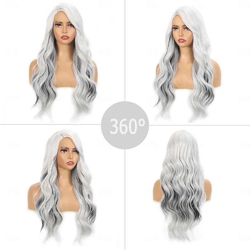Long Ombre White Wigs for Black Women 26 28 Inch Long Wavy Wig with Bangs for Women Big Bouncy Fluffy Synthetic Fiber Glueless Hair for Cosplay and Daily Use Blue Wine Red Purple White4