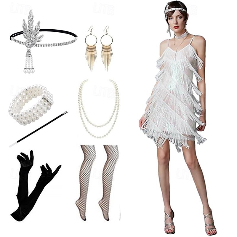 Roaring 20s 1920s Vintage Inspired Outfits Party Costume Masquerade Sleeveless The Great Gatsby Wedding Guest Tassel Fringe Solid Color Tassel V Neck Fancy Dress Women's Halloween Carnival Masquerade