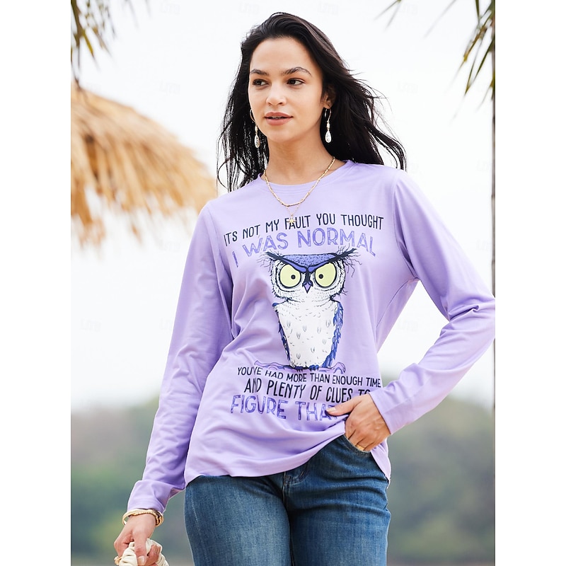 Women's T shirt Long Sleeve Crew Neck Long Sleeve Tunic Animal Dog Letter Funny Short Sleeve Round Neck Regular Tops Daily Weekend Print White Light Brown Purple Khaki  Prefall2
