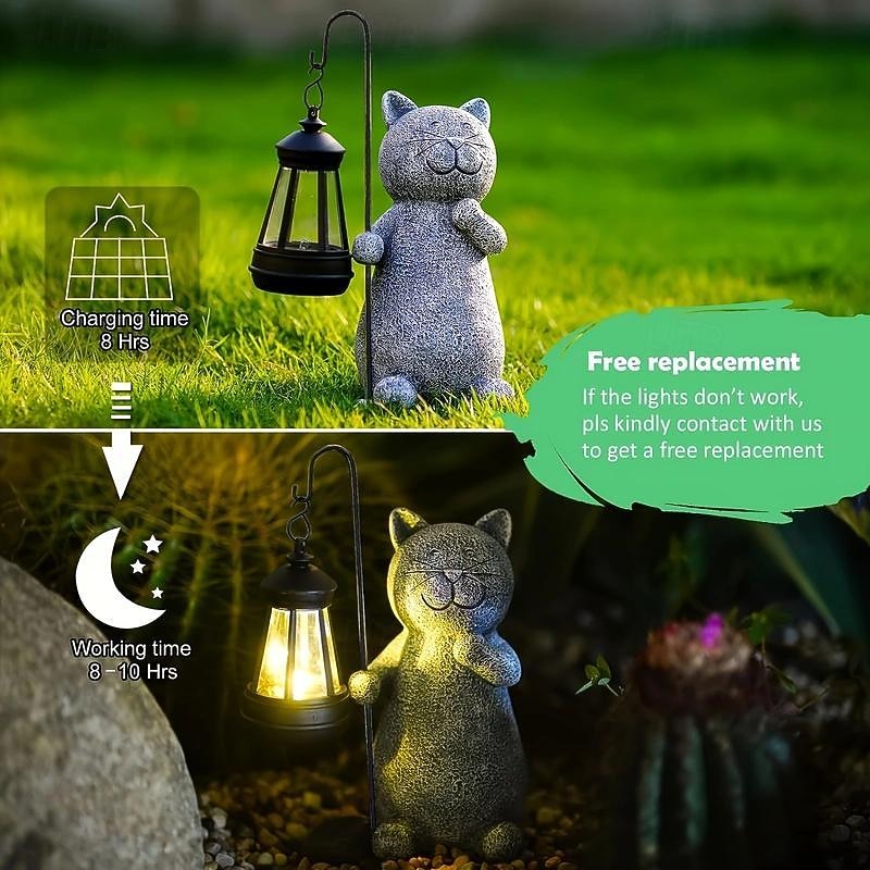Solar Garden Statue Cat Figurine Light Garden Art with Solar Lantern, Loving Cat for Patio,Balcony,Yard, Lawn-Unique Housewarming Gift for Garden Mom Grandma3