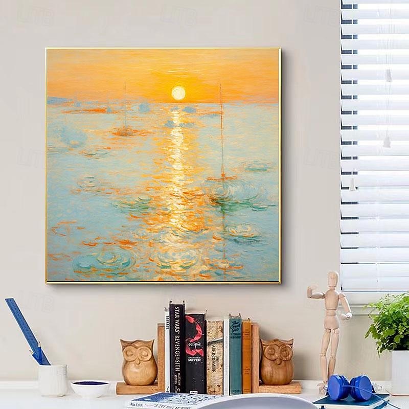 Monet Impressionist Landscape Sunrise On The Sea Hand-painted Oil Painting Cream Style Living Soom Decoration Picture Entrance Square Hanging Paintings (No Frame)