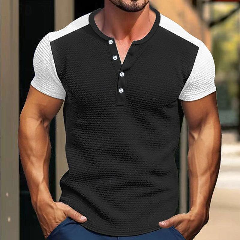 Men's Waffle Tee Button T Shirt T Shirt Waffle Henley Shirt Short Sleeve Henley Spring & Summer Color Block Fashion Designer Basic Patchwork Vacation Street Going out Black White Royal Blue Top Tee3