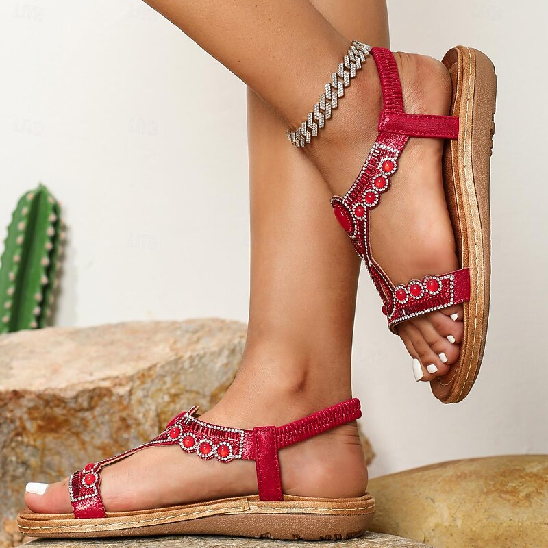 Women's Bohemian Beaded Sandals – Ethnic Vintage T-Strap Flat Sandals with Rhinestones for Summer Beach & Casual Wear2
