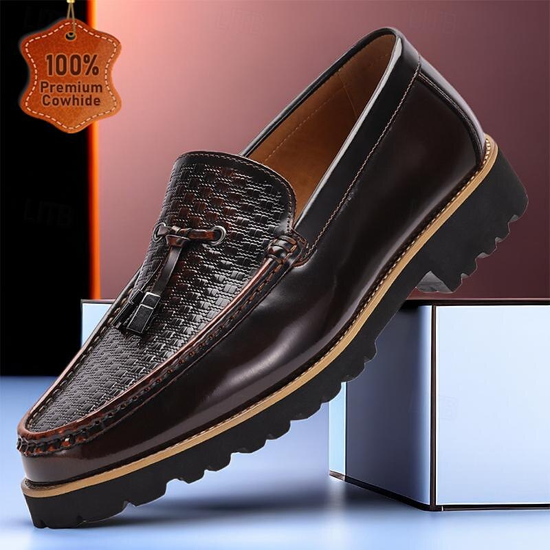Men's Loafers Vintage Brown Leather Tassel Textured Pattern