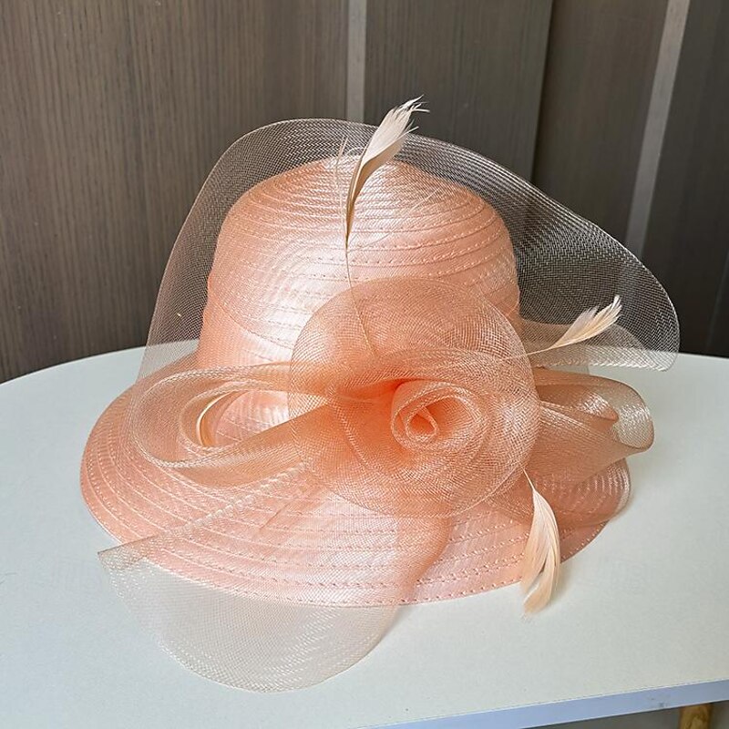 Fascinators Hats Headwear Polyester Organza Bucket Hat Floppy Hat Sun Hat Casual Holiday Elegant Vintage With Feather Flower Headpiece Headwear2