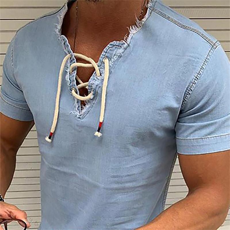 Men's Shirt Summer Shirt Denim Shirt Chambray Shirt Dark Navy Navy Blue Light Blue Short Sleeve Graphic Prints Standing Collar Casual Daily Drawstring Clothing Apparel Fashion Casual Breathable2