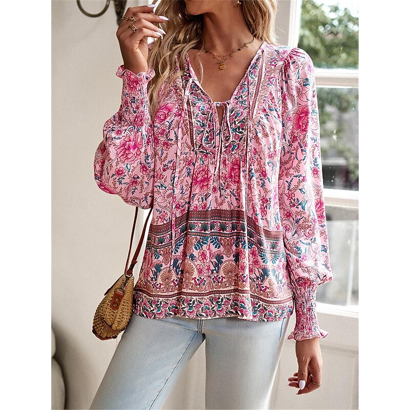 Women's Shirt Blouse Casual Boho Floral Lace up Print Long Sleeve Regular Tops V Neck Vacation Beach Pink Navy Blue Blue Orange Summer2