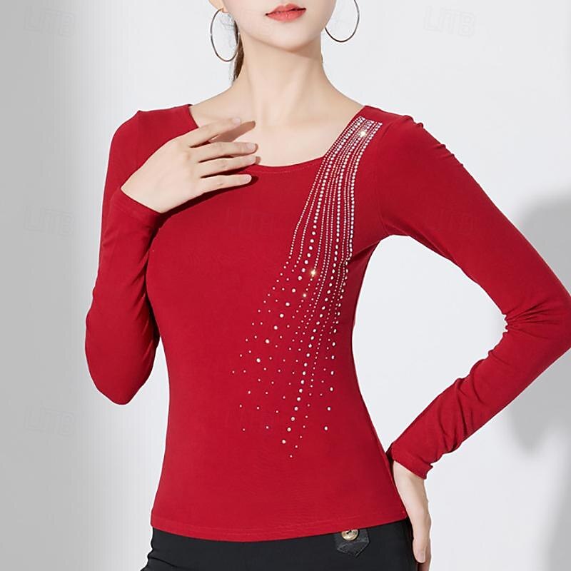 Latin Dance Ballroom Dance Top Pure Color Splicing Crystals / Rhinestones Women's Performance Training Long Sleeve High Cotton Blend